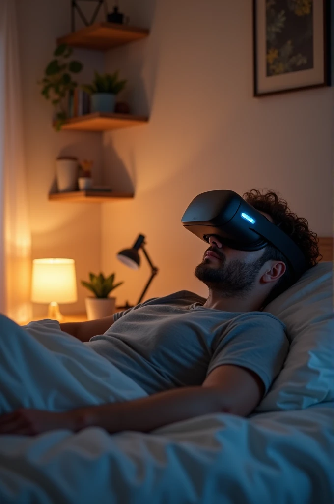 Certainly! Here’s a prompt you can use:

"A man lying on his bed, using a VR headset with a calm and relaxed expression. The bedroom is softly lit, creating a warm and cozy atmosphere. The room features minimalistic decor, a bedside table with a few person...