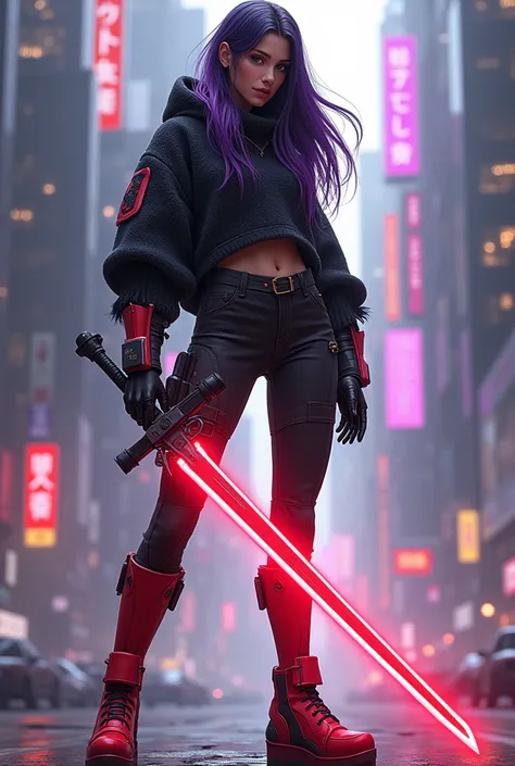 Animated full body girl. Robotic suit, black gloves and red robotic boots, long hair in purple and black. A Cyberpunk City .  Big Red Laser Sword.  full body wool sweater 