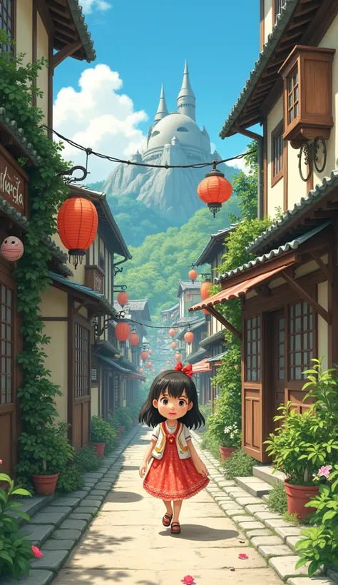  1 girl, town, studio ghibli style