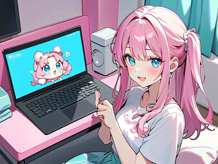  long ash pink hair,  blue eyes ,  girl,  happy ,  smaller, cute, Big shirt, cuteピンクコンピューター, pink display 、cuteゲーミング, cuteRGBライト, cuteピンクヘッドホン, cuteコンピューター ピンクbacground　Cute pink and white room 　cute pink gaming device