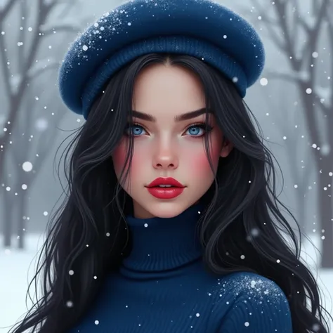  realistic illustrated image         ,mujer joven beautiful, super long jet black hair ironed with some waves ,         intense sapphire blue eyes         , upturned nose, white tea,  beautiful and perfect face, porcelain skin,          full red lips with ...