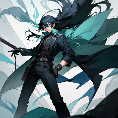 black hair, long hair, straight hair, male, man, blue eyes, tall, wiry, man, aqua eyes, athletic, coat, pants, gloves, belt, gun...