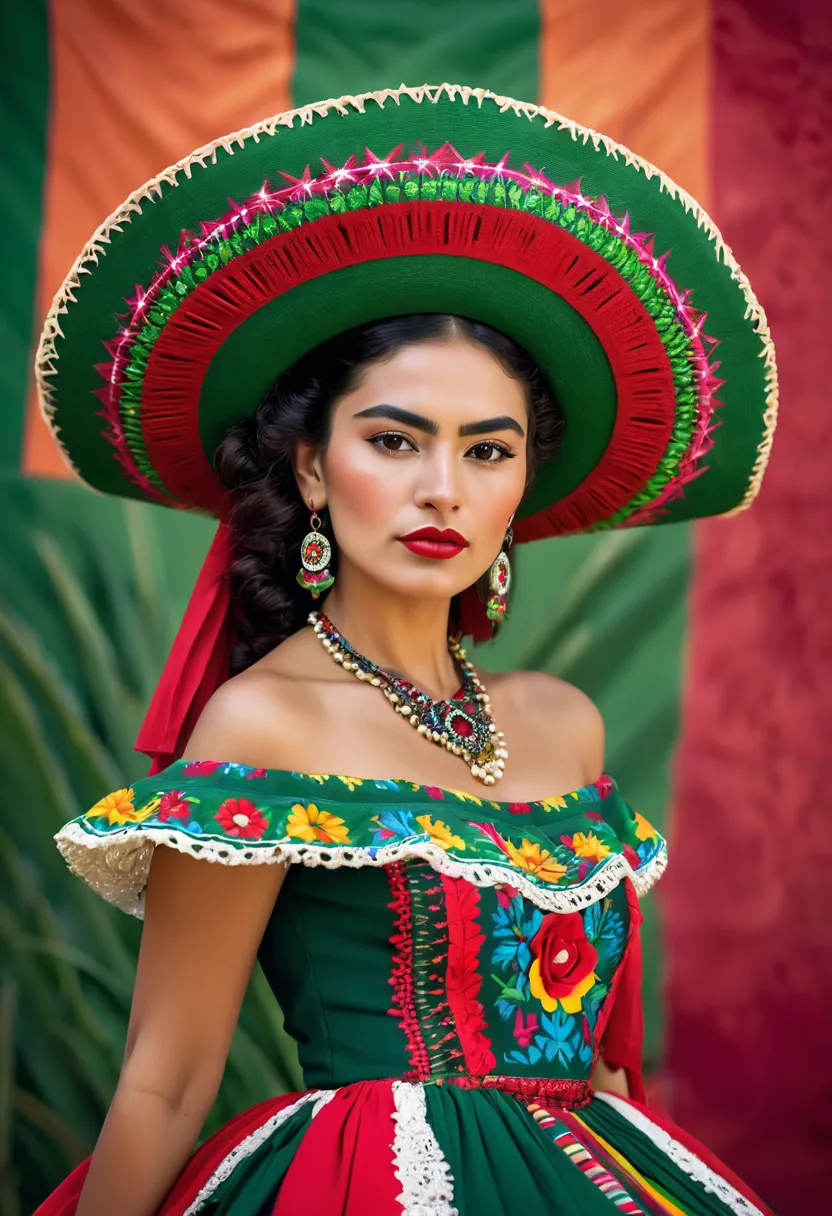 las soldadoras, adelita, seductive look, seduction, biting half of his lips, mujer araffe con un vestido mexicano y sombrero, he...