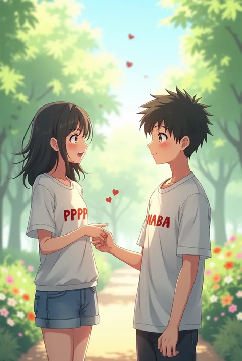 A anime boy proposes a girl ware a tshirt written ppp and boy shirt written naba