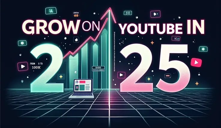 1. **Bold Text & Arrow Theme:**
   - Use large, bold text saying "Grow on YouTube in 2025" with an upward-pointing arrow or graph to symbolize growth.
   - Include a futuristic design with a digital/techy feel to hint at 2025.
   - Consider using bright, c...