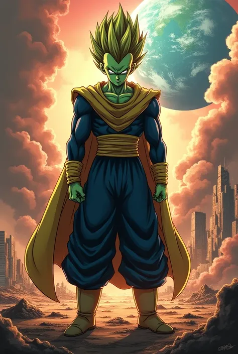  Vejeta dressed in the costume of picolo Dragon Ball Z. Scenario planet Earth in destruction . anime 