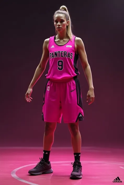 Womens basketball uniform in pink with black and the name PANTERAS, number 9 , adidas logo 