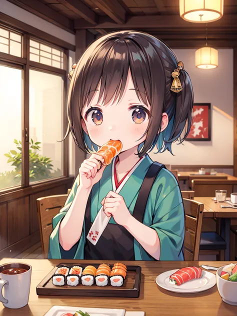 (masterpiece, ultra-detailed, best quality, clear focus, dramatic scene), shadow, (ultra-high resolution, 8k), perfect anatomy, perfect face, (detailed face, detailed eye, solo), 1 cute Japanese girl, very beautiful and cute face, dynamic angle, She is wearing a cute coveralls, (She is eating sushi at the counter seat of the luxury sushi restaurant in Japan:1.3), many fishes are swimming in the restaurant, (she looks so happy:1.3), full body