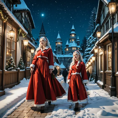 Masterpiece quality. 1 girl, extremely detailed red cheeks. small waist, light skin, luminous lighting. Christmas dress set, exquisite details. Intricately detailed. Clean skin, 1 young Moscow woman. (white hair), long hair. long hair, snowy landscape, wal...