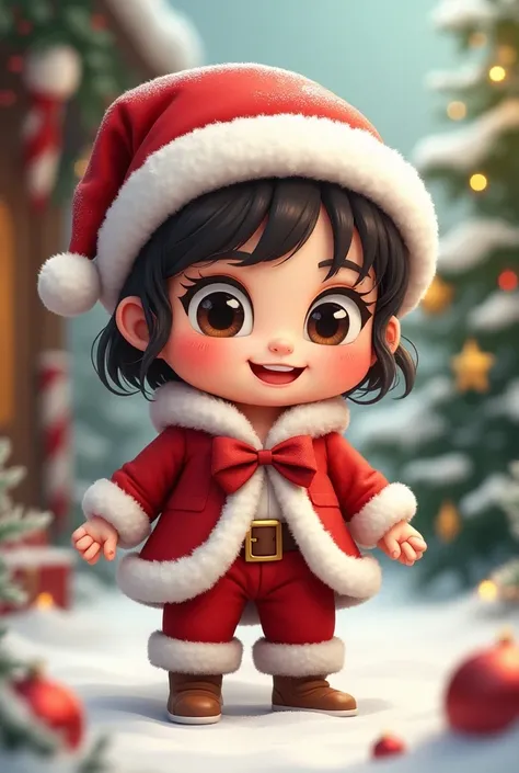   A Cute cartoon style of a baby girl VESTIDA DE SANTA CLAU DE NAVIDAD the name "Adriana " and dark hair, fashion, text rendering