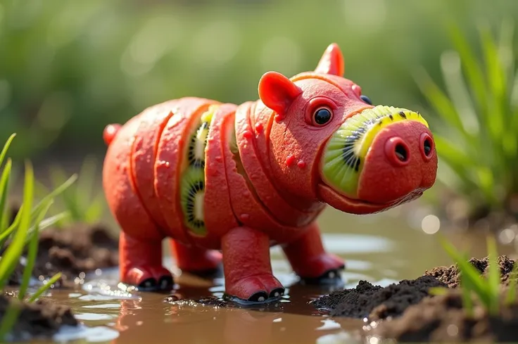  Create an image of a cute hippopotamus and friendly abstract and realistic cub made entirely of fruit.  The body is modeled exactly as the attached image , made with pieces of pomegranate on the belly and neck , and skin on the top made from pieces of kiw...