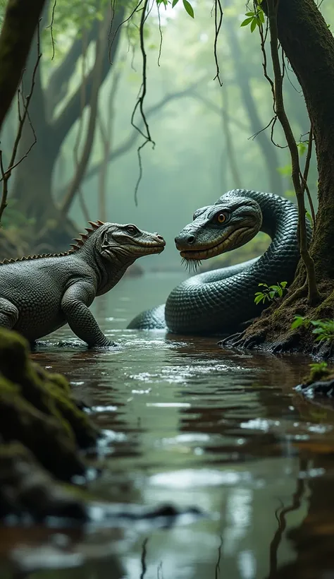 A Komodo dragon with its leathery skin and forked tongue hisses as it faces a massive, coiled python with gleaming scales. The swampy landscape around them is filled with twisted tree roots, stagnant water, and thick vines. Both creatures remain motionless...