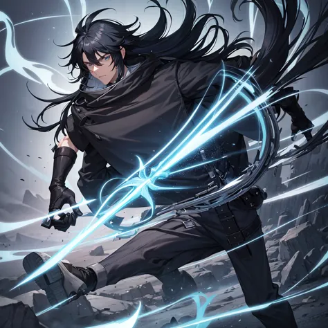 black hair, long hair, straight hair, male, man, blue eyes, tall, wiry, man, aqua eyes, athletic, coat, pants, gloves, belt, gun...