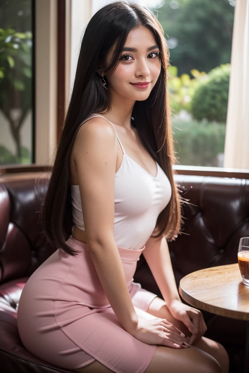 Beautiful girl looking at the viewer ,Wear a dark fuchsia dress, a tight-fitting skirt,, clear white skin, soft cheeks, Smiling charmingly, seeing ,Sharp face, Brown eyes , Sitting in a cafe in a rose garden
Medium chest , earring, Long straight hair, gray...