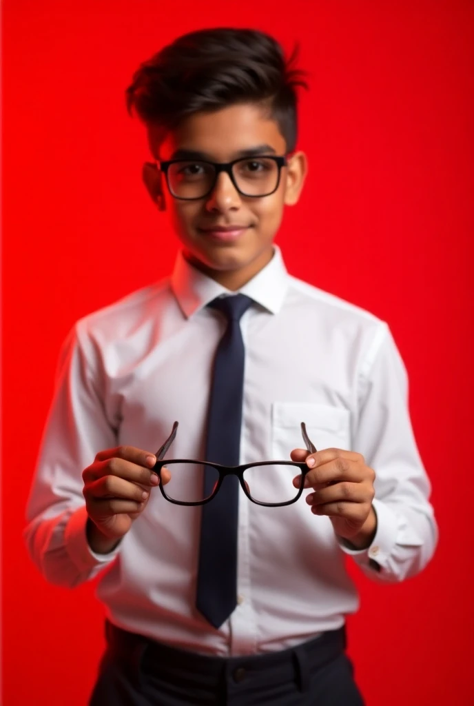 19 YEAR OLD INDIAN BOY WEARING FORMALS AND designing GLASSES POSING FOR LINKEDIN RED LIGHT IN BACKGROUND