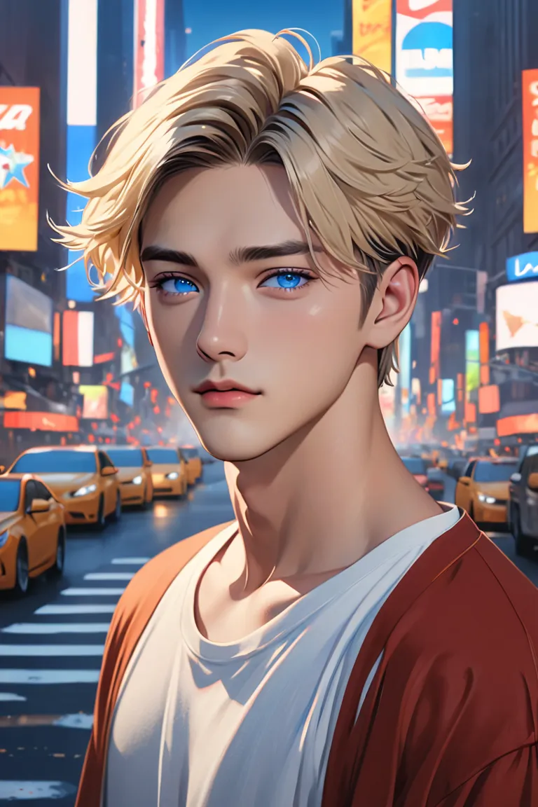 (best quality, Masterpiece, detailed eyes,  high res,  Detailed ), ( Beautiful Animation), male:1, semi_realistic, young man, 23 year old , hyundai, USA, New York, singer, 아이돌 singer, sensitivity, coolness , sharpness, thin body, Blonde,  short hair ,  blu...