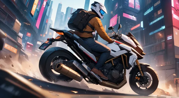 1 chico, riding a Yamaha Tenere 700 motorcycle with a cyberpunk helmet in a futuristic city ( quality), aesthetics, illustration, ,  perfect composition,  complex details 