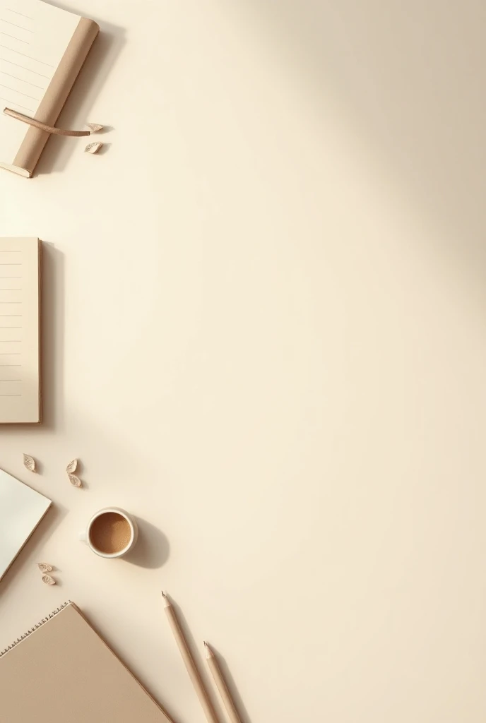 Beige table image,  seen from above ,  with stationery work materials on the bottom side, on the left side, and the rest empty .