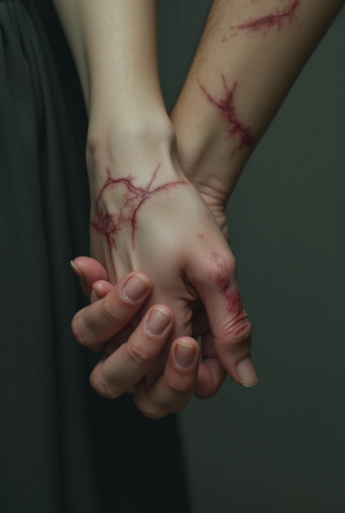 Hands intertwined with blood scars with a beautiful womans hand