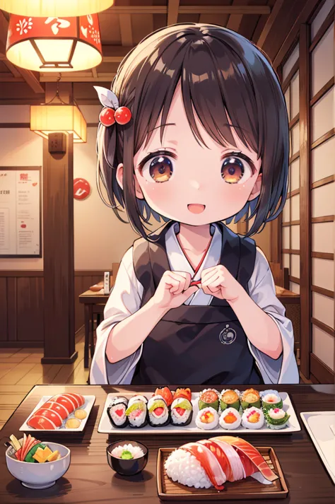 (masterpiece, ultra-detailed, best quality, clear focus, dramatic scene), shadow, (ultra-high resolution, 8k), perfect anatomy, perfect face, (detailed face, detailed eye, solo), 1 cute Japanese girl, very beautiful and cute face, dynamic angle, She is wearing a cute coveralls, (She is enjoying sushi at the luxury sushi restaurant in Japan:1.3), Japanese antique furnishings, menu list is on the wall, many fishes are swimming in the restaurant, (she looks so happy:1.3), full body