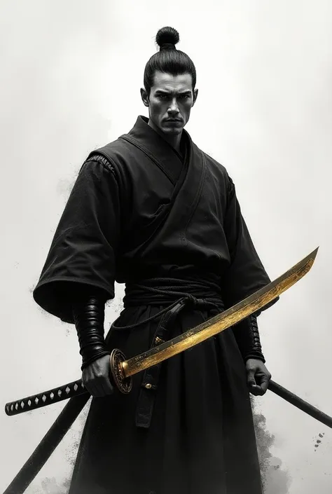  Make a stoic samurai ,  in black and white and shades of gray , with a yellow sword 