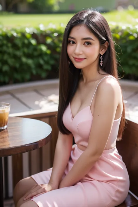 beautiful girl looking at the viewer ,put on a fuchsia dress, a tight-fitting skirt,, clear white skin, soft cheeks, smiling cha...