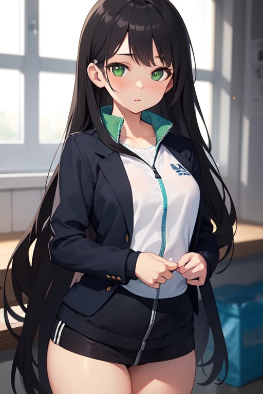 ( Best quality)), ((masterpiece)), (DETAILED), 1 girl, sports jacket that fits large and comfortable, very long black hair,  green eyes, small, slim, tender