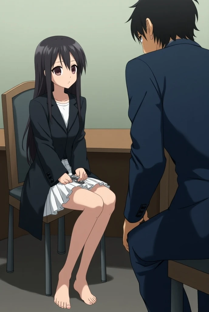  An anime female suspect barefoot wearing a black coat and a white pleated skirt sits on a chair in the hearing room，Handcuffed ，There was a cop sitting across from her, questioning her.