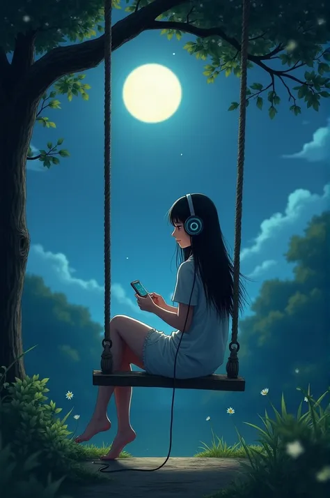 Beautiful night girl wearing headphones on the swing