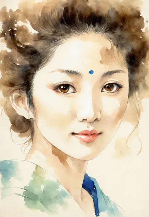 Ink Painting、 old paper texture、Damaged Paper、Old style、Faded colors、composition、Golden Ratio、Functional、grace、 details、background、Soft colors、Blurred Lines、A bottom-up perspective watercolor painting of a 40-year-old Japanese woman with smooth skin, round...