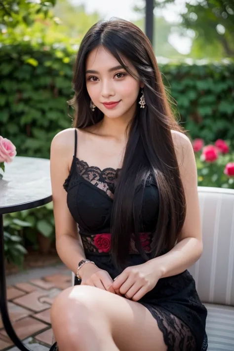 beautiful girl looking at the viewer ,wear a black lace dress, a tight-fitting skirt.,, clear white skin, soft cheeks, smiling c...