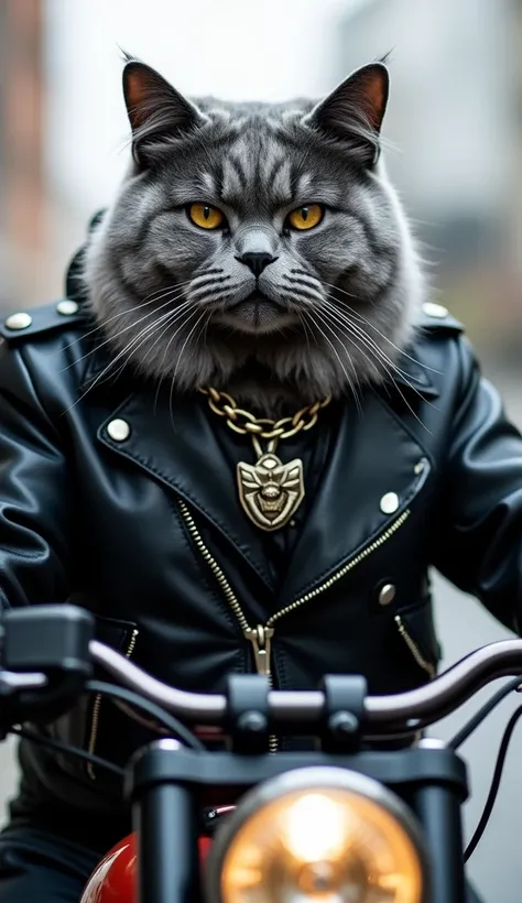 A large British shorthair cat with thick grey-blue fur and a rugged look. He wears a black leather jacket with rivets and a thick chain around his neck. He sits confidently on the bike, as if ready to hit the road