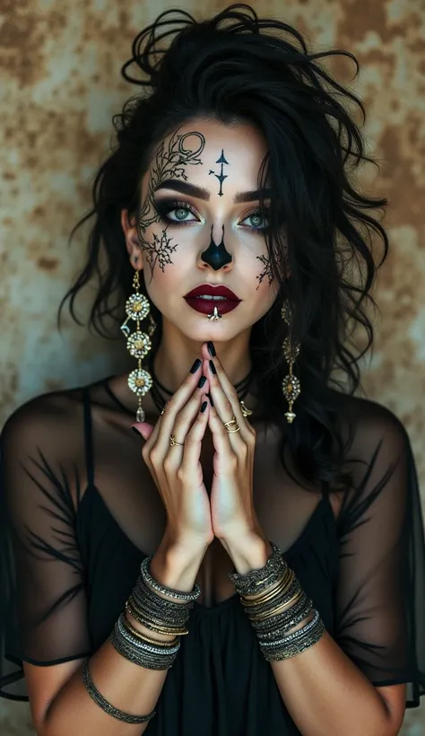 The image features a person with intricate face paint and jewelry, giving them an otherworldly appearance. Their eyes are accentuated with makeup, and they have piercings on their nose and lips. They wear multiple earrings and bracelets that add to the ela...