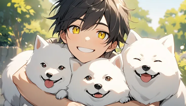  Yellow-eyed young man  ,  Black Hair  ,   One Samoyed hugging and smiling