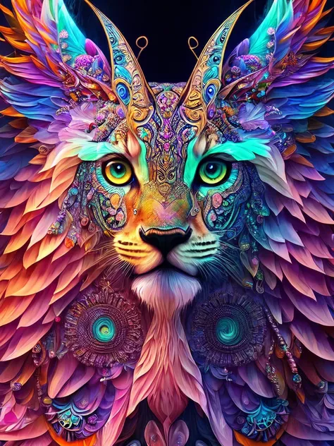 a cute Furry in center in a psychedelic and surreal world, ultra-detailed, with vibrant colors and lighting effects, creating a masterpiece with 8k and 4k resolution. Furry is depicted with intricate details, merging with the surroundings seamlessly. The s...