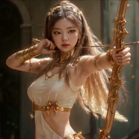 a woman with a bow is holding a bow, Artemisa, greek goddess Artemisa, golden goddess with a bow and arrow, goddess of greek mythology, the goddess are shooting an arrow, Hwang Yeji, Hip-length framing, Hwang Yeji, Goddess with a bow shooting an arrow, sho...