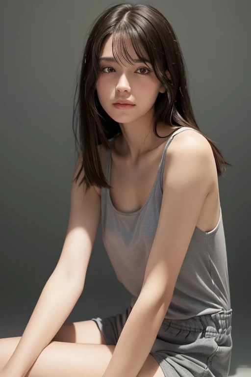 Im going to draw a full-body drawing of a young woman with straight, dark hair that reaches her shoulders.
Her hair is gently wavy, shes wearing a grey tank top and shorts.
Her expression is calm, her skin is pale, and her face is softly lit.
The overall m...