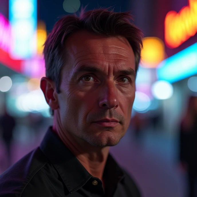 Attractive American man, middle age, 40 years,  black eyes ,  short hair , thoughtful look, in the night city.  wearing a shirt.  Looking at the camera completely head-on with his face illuminated, without shadows. portrait.