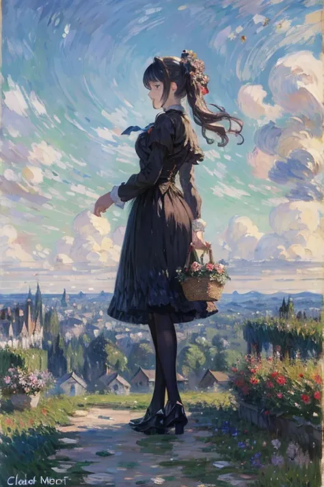 (Claude Monet&#39;s works:1.25),Impressionism ,Rainerism,quality(8k,best quality,masterpiece, like in the movie ),  1 girl(cute, Cute,Small child,Skin color is white,smile , floating hair ,Hair Color: Blonde, short bob hair,  eye color cosmic  ,Big Eyes,Bl...