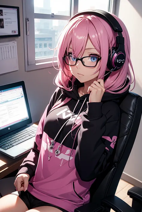 anime pink hair and beautiful eyes she wears glasses and headphones and a black sweatshirt and sits on a chair playing for her laptop by the window Night Stars Street