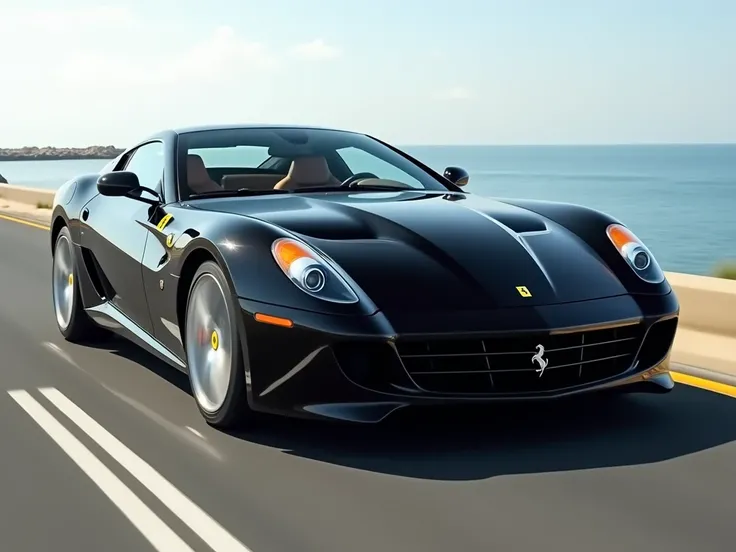 ferrari 599 GTB Fiorano  running on road with motion with sea background background is not clear due to motion speed car color needs black. I need for background image where text is light color and yellow color. so this image must use dark colors no need a...