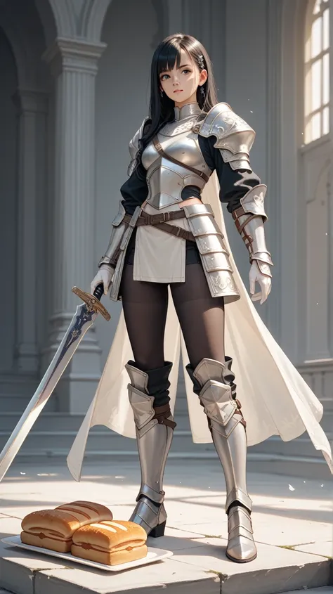   one woman　 black tights　 White underwear 　Tall　 Black Hair 　 long boots for stepping on bread　  white gloves　Platinum Armor　 Miniskirt　Platinum sword