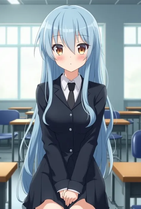 1girl, long light blue hair, dark blue, sit in class, black school modern uniform, anime