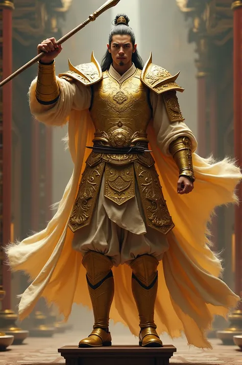 Asian Hero, wearing golden armour, holding spear down, one hand rise, roaring, head up, on leg putting on stool