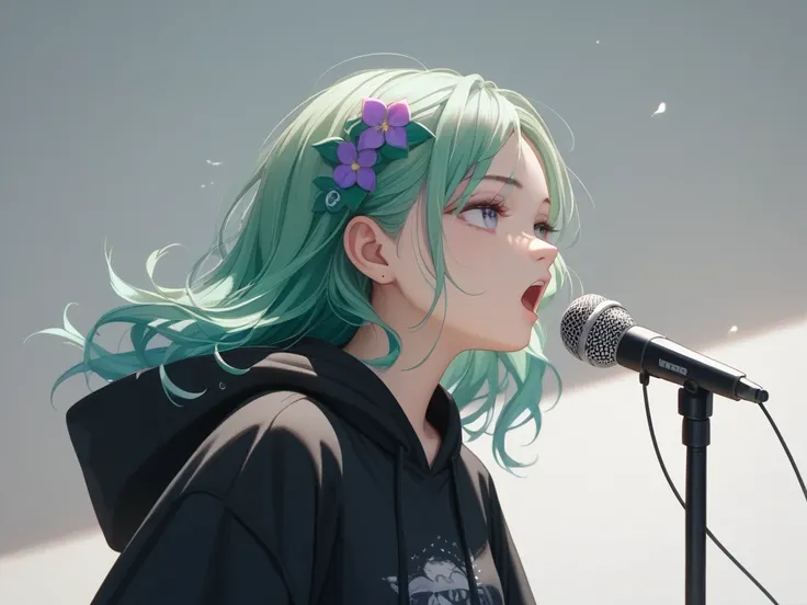  long green hair、 light purple eyes 、 black hoodie、 azalea flower motif、 metal accessory、round idiot hair、 1 girl、 is standing、Singing、Loose rich waves、 microphone stand