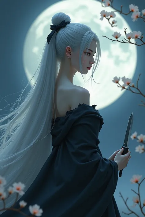 Masterpiece Best Night Full Moon 1 Female Mature Female Elder Sister Yu Sister Cold Face Expressionless Silver White Long Hair Woman Light Pink Lips Calm Intellectual Three Bands Gray Eyes Assassin Short Knife, Flowers, Hand Details, Finger Details,