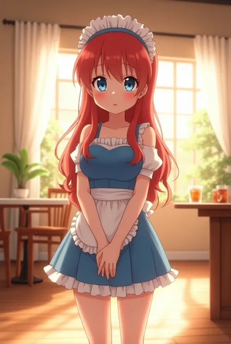 1girl, Freckles on her Nose, Long Hair, Red Hair, Anime, Big Blue Eyes, Blue Headband, Blue shoulderless dress with sleeves and white trim, blushing nose, maid cafe backround, Large breasts, Pixar, God Rays, Glowing Light, High Resolution, High Details, UH...