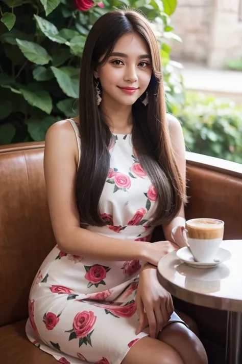 Beautiful girl looking at the viewer ,Wear a dress with a floral print, a tight skirt,, clear white skin, soft cheeks, Smiling charmingly, seeing ,Sharp face, Brown eyes , Sitting in a cafe in a rose garden
Medium chest , earring, Long straight hair, gray ...