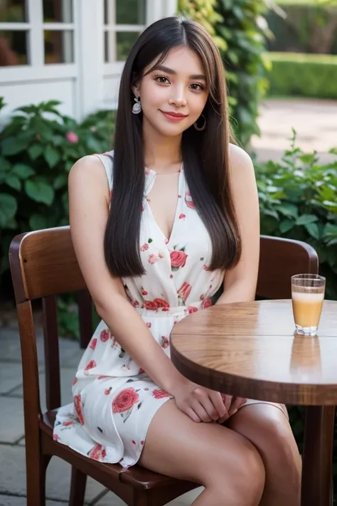 Beautiful girl looking at the viewer ,Wear a dress with a floral print, a tight skirt,, clear white skin, soft cheeks, Smiling charmingly, seeing ,Sharp face, Brown eyes , Sitting in a cafe in a rose garden
Medium chest , earring, Long straight hair, gray ...