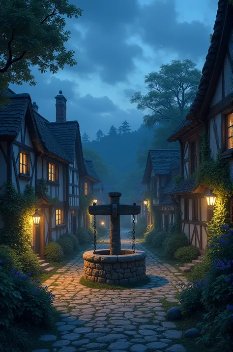 Give me this scene image and image size 9:16Scene 1
Prompt: "A serene, quiet village at dusk, with rustic cottages and stone paths winding through the greenery. In the village center, a mysterious old stone well stands surrounded by shadows, suggesting it ...